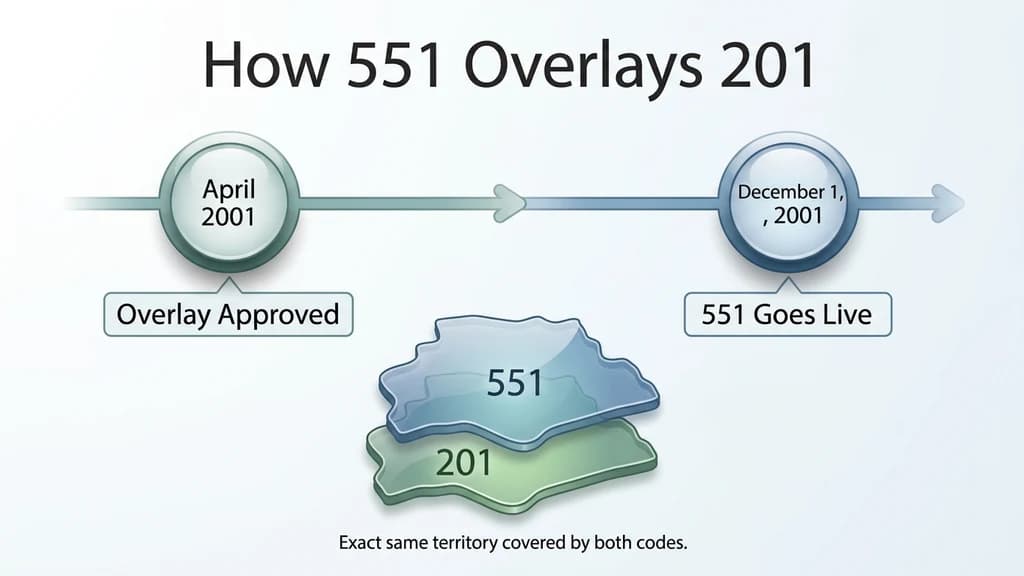 Timeline graphic showing New Jersey's 201 area code adding the 551 overlay in December 2001, both codes layered over the same territory