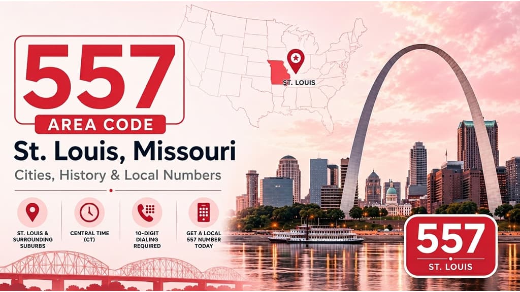 Infographic with a US map highlighting Missouri, a location pin on St. Louis, the Gateway Arch silhouette reflected in the Mississippi River, and a 557 badge in MCM cyan and violet on a pale blue-lavender background