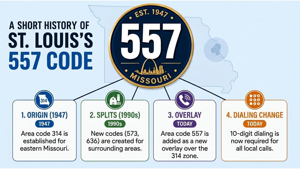 Commemorative medallion infographic showing EST 1947 at the top arc, large white 557 numeral in the centre, Missouri subtitle, and four stat cards radiating out — Origin from 314, Splits to 573 and 636, Overlay 557, 10-digit dialing required — on a pale blue background with a faint Missouri outline
