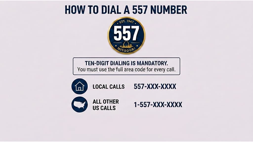 How to dial a 557 number — dialing formats for local, US, and international calls with Central Time zone info