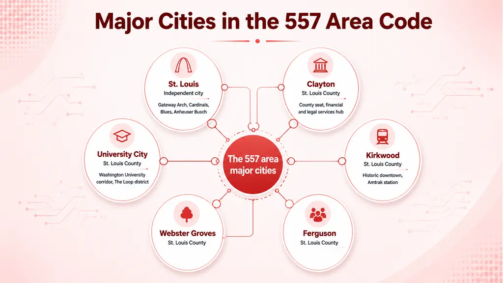Major cities in the 557 area code — St. Louis, Clayton, University City, Kirkwood, Webster Groves, Florissant, Ferguson, Maplewood