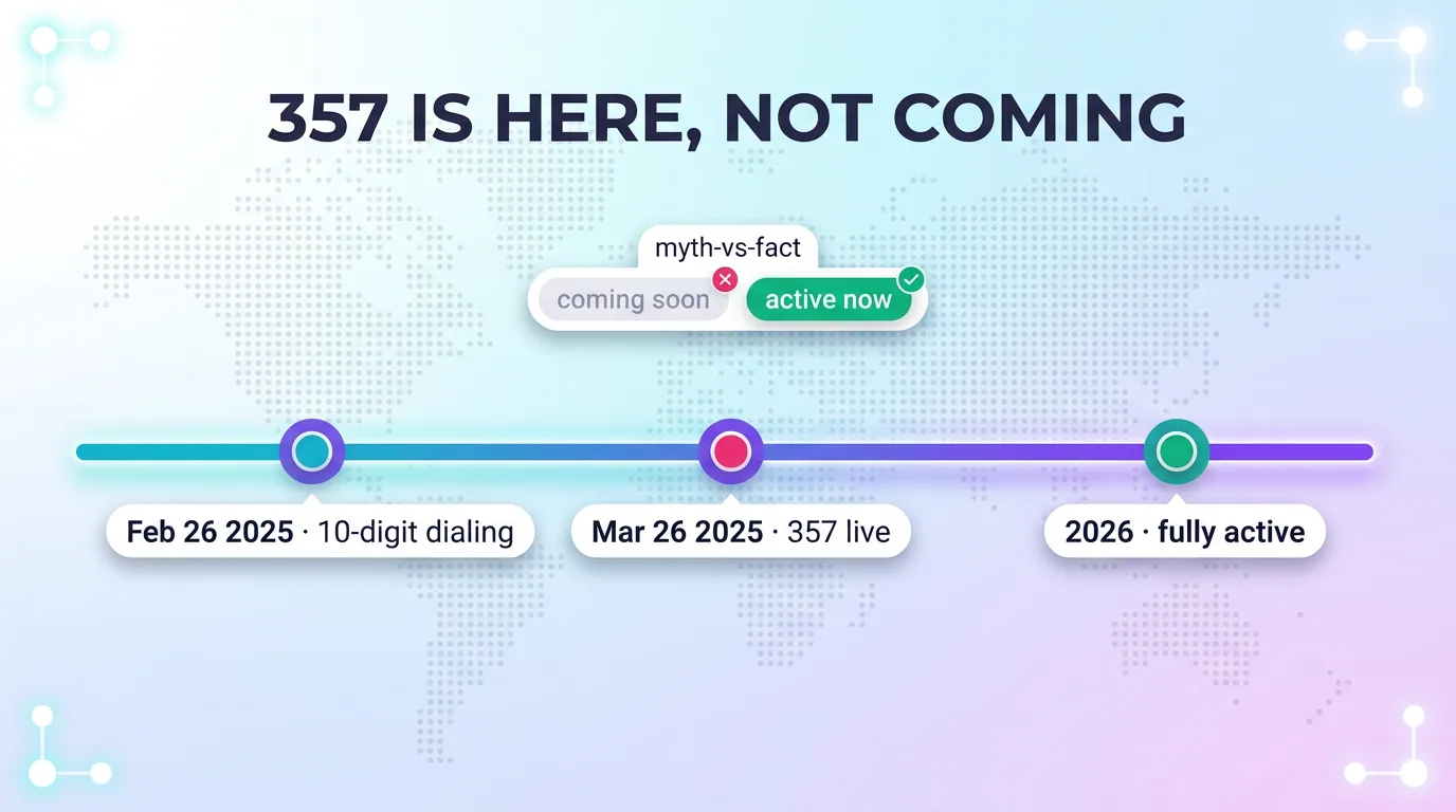 Timeline infographic showing the 357 overlay is here, not coming: 10-digit dialing Feb 26 2025, 357 live Mar 26 2025, fully active in 2026