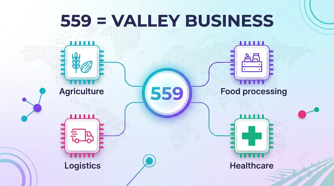 559 equals Valley business infographic showing agriculture, food processing, logistics, and healthcare industries