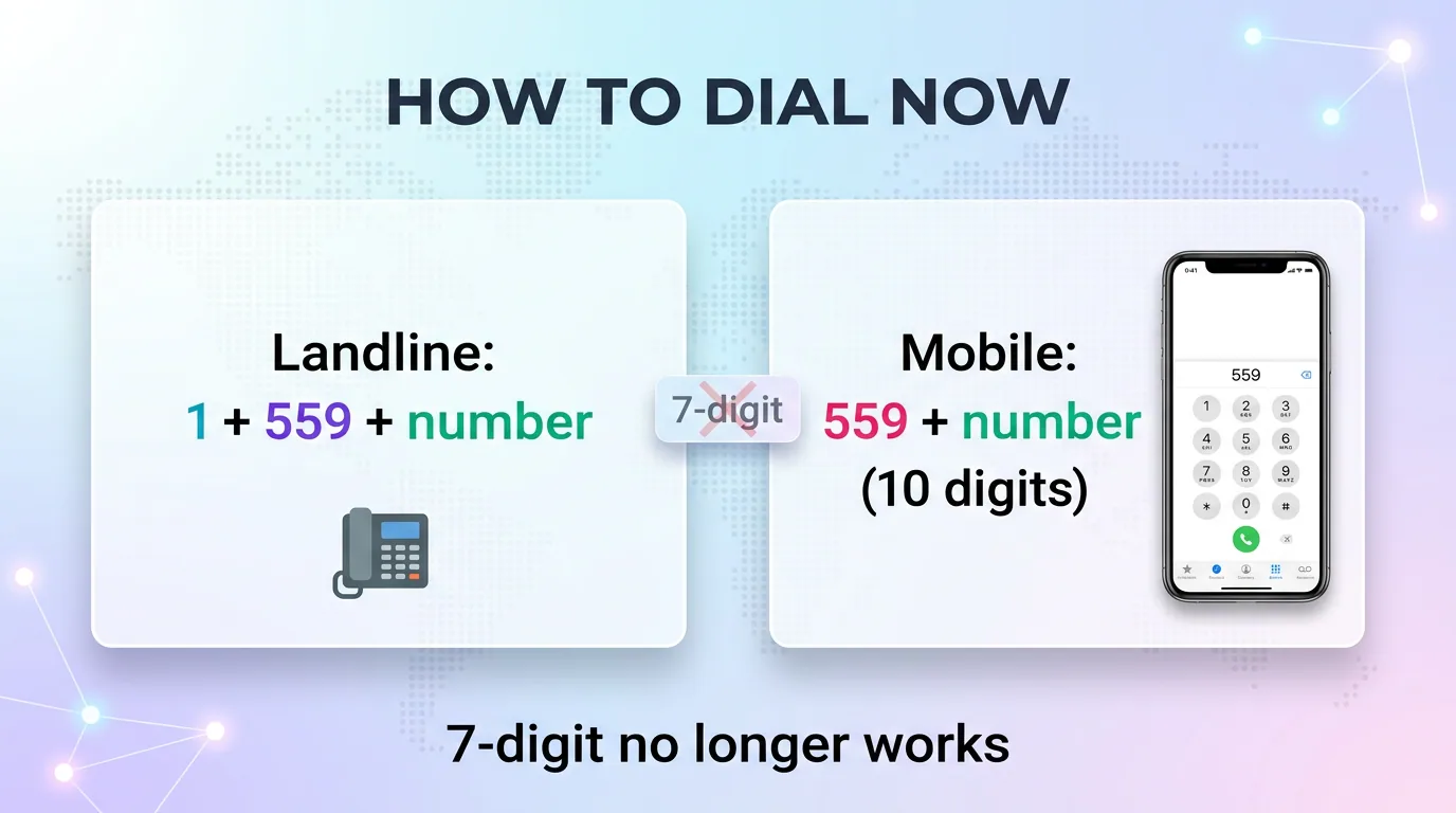How to dial now infographic: landline uses 1 + 559 + number, mobile uses 559 + number for 10 digits, 7-digit no longer works