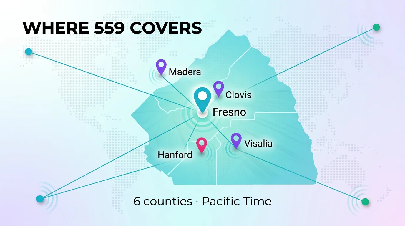 Map showing where the 559 area code covers, with Fresno, Clovis, Madera, Visalia, and Hanford across six counties in Pacific Time