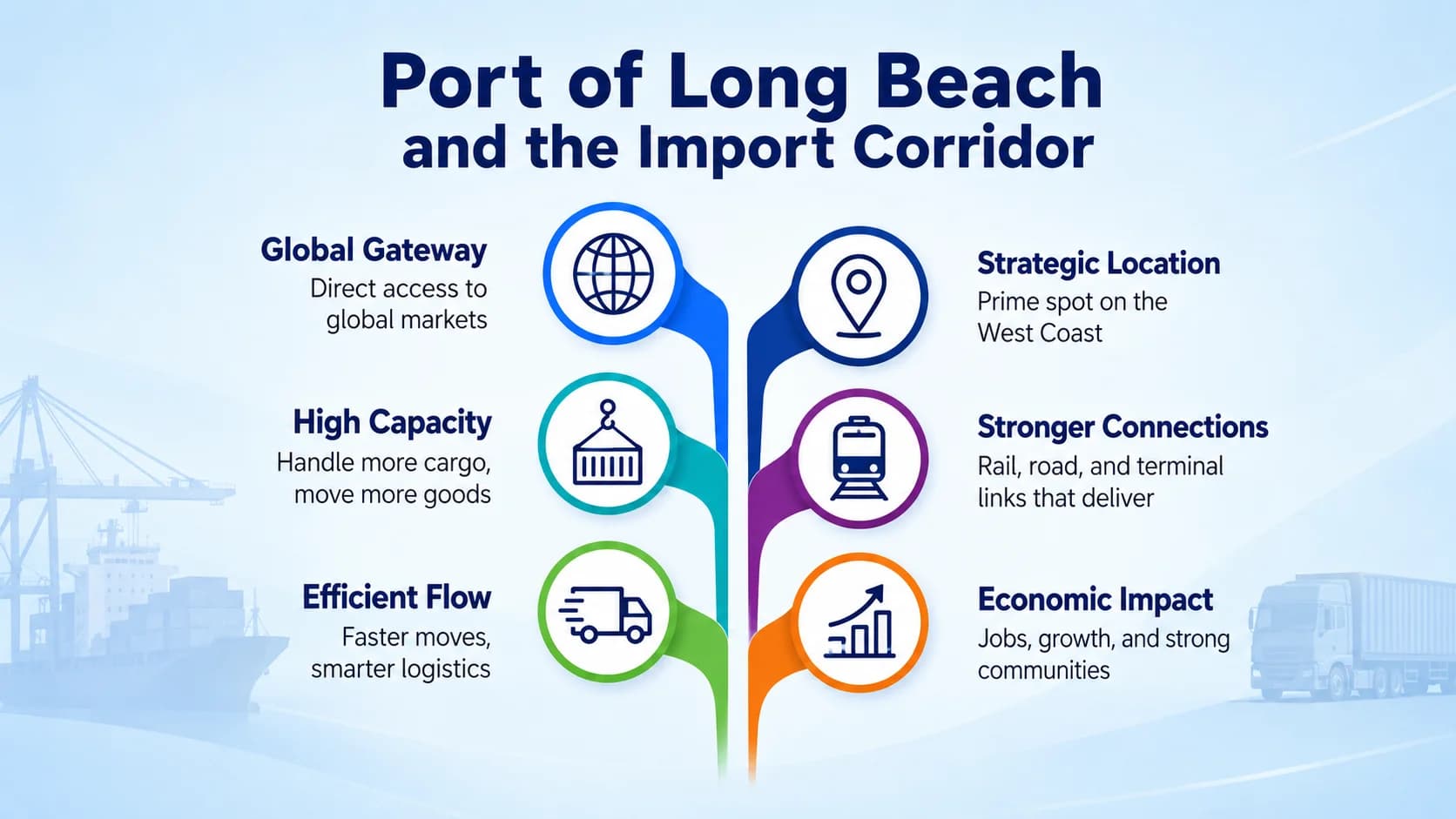 Port of Long Beach and the Import Corridor. Six points: Global Gateway — Direct access to global markets; Strategic Location — Prime spot on the West Coast; High Capacity — Handle more cargo, move more goods; Stronger Connections — Rail, road, and terminal links that deliver; Efficient Flow — Faster moves, smarter logistics; Economic Impact — Jobs, growth, and strong communities.
