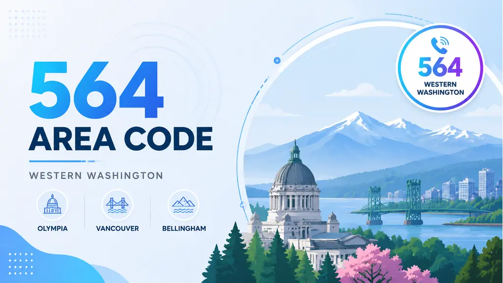 Infographic with a US map highlighting western Washington, location pins on Olympia, Vancouver, and Bellingham, the Washington State Capitol dome silhouette against Puget Sound and mountain peaks, and a 564 badge in MCM cyan and violet