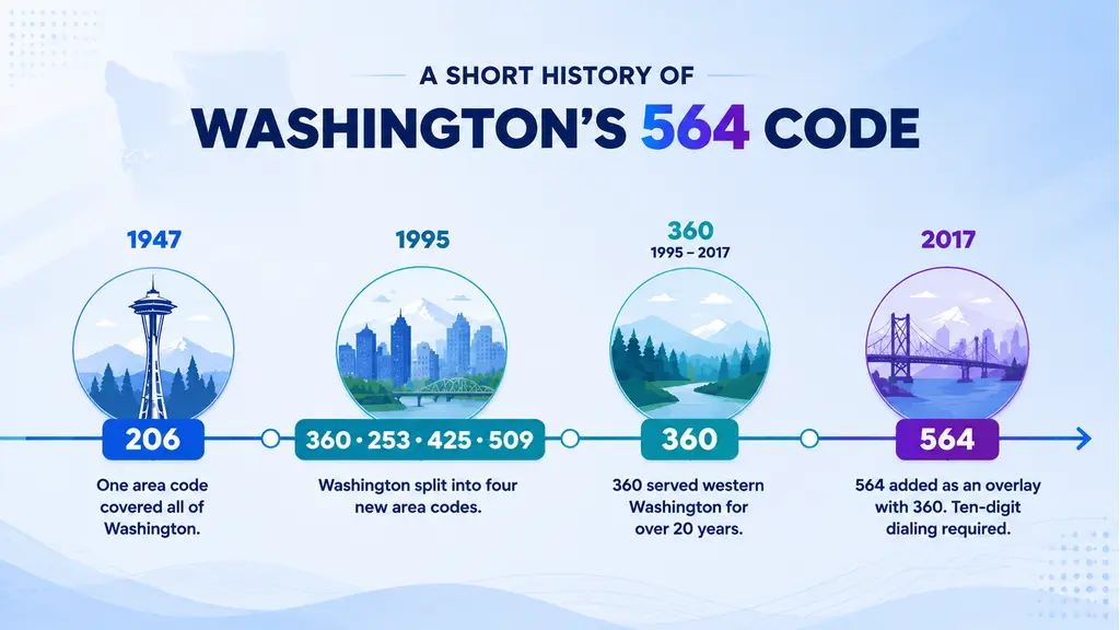 Horizontal timeline infographic tracing Washington state's area code history from 206 covering the whole state in 1947, through the 1995 splits creating 360, 253, 425, and 509, to 564 overlaying 360 in 2017, on a pale blue background with a ghosted Washington state outline
