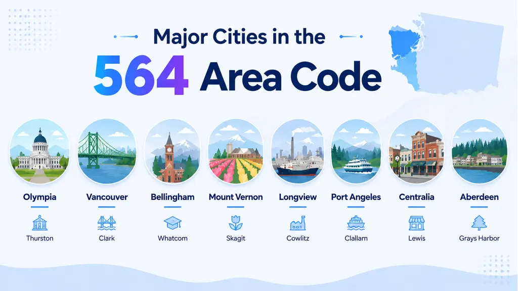 Major cities in the 564 area code — Olympia, Vancouver, Bellingham, Mount Vernon, Longview, Port Angeles, Centralia, Aberdeen