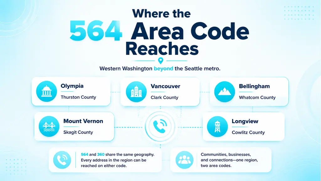 Vector map of western Washington with cyan dots on Olympia, Vancouver, Bellingham, Mount Vernon, and Longview linked by calling-network arc lines, Seattle metro counties in light grey, all state and county borders drawn in black