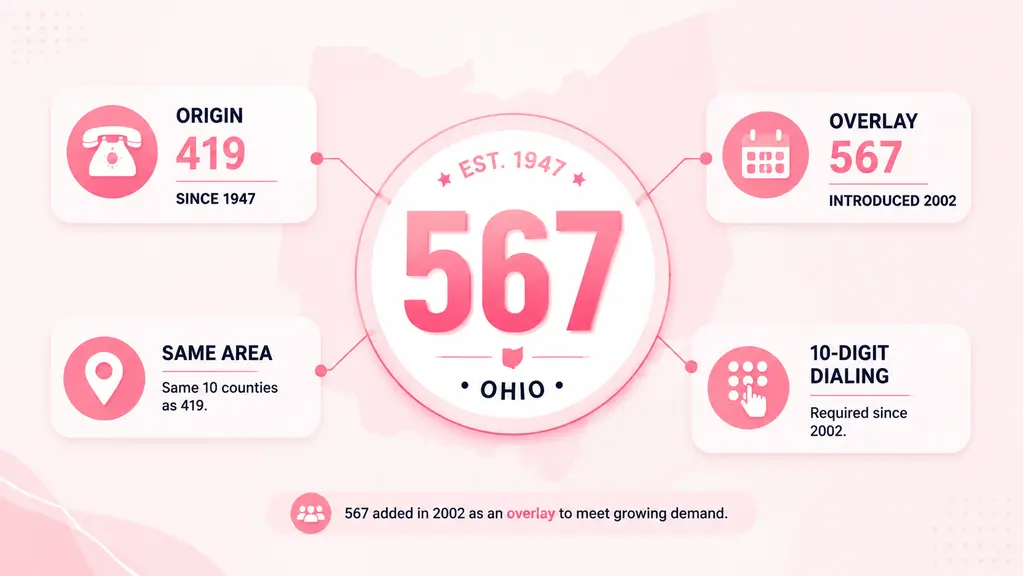 Commemorative medallion infographic showing EST 1947 at the top arc, large white 567 numeral in the centre, Ohio subtitle, and four stat cards radiating out — Origin 419 since 1947, Overlay 567 introduced 2002, Counties Served, 10-digit dialing required — on a pale blue background with a faint Ohio outline