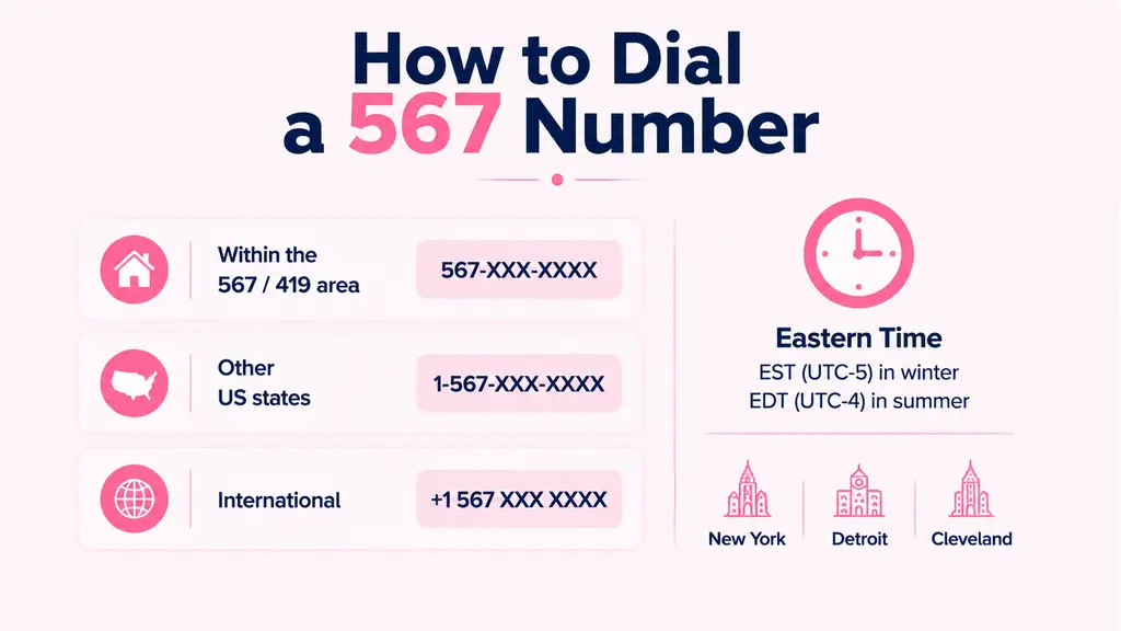 How to dial a 567 number — dialing formats for local, US, and international calls with Eastern Time zone info