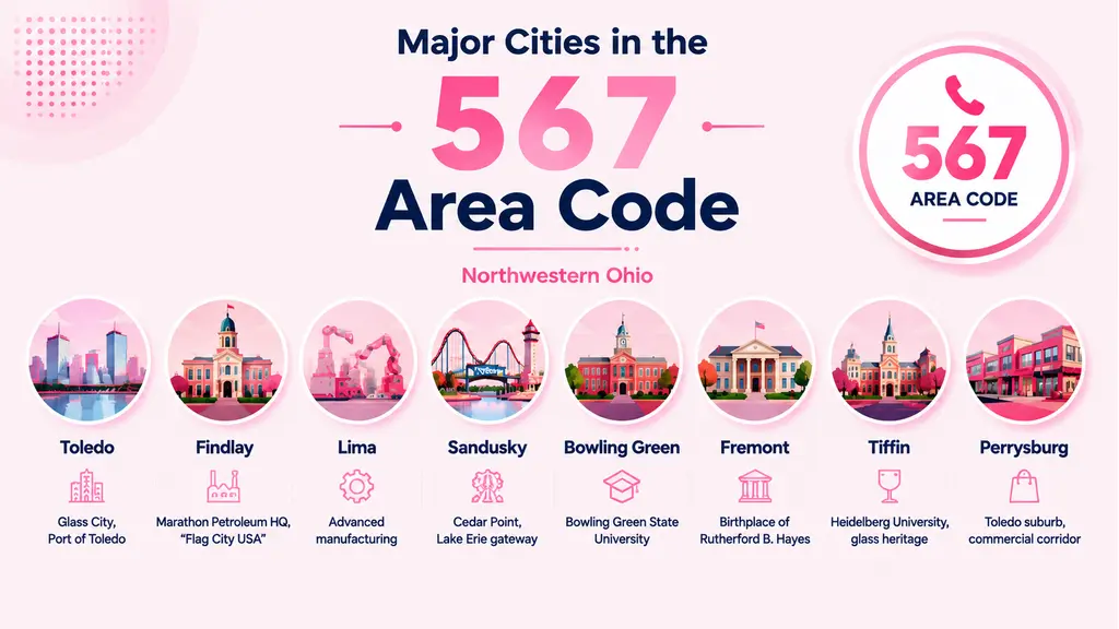 Major cities in the 567 area code — Toledo, Findlay, Lima, Sandusky, Bowling Green, Fremont, Tiffin, Perrysburg