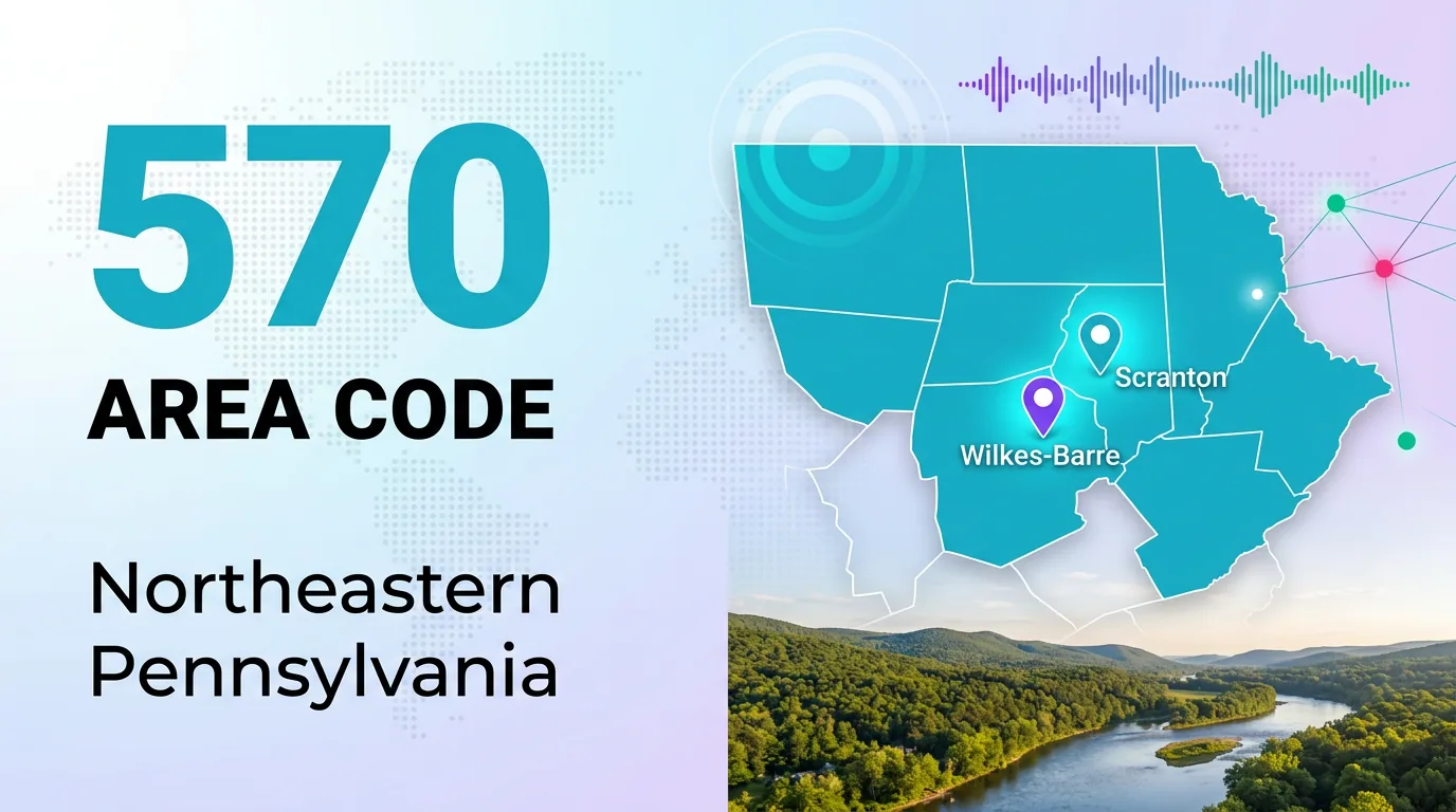 570 area code infographic for northeastern Pennsylvania showing Scranton and Wilkes-Barre on a regional map