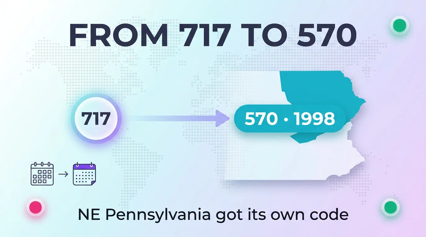 Timeline graphic showing the 570 area code splitting from area code 717 in 1998 to give northeastern Pennsylvania its own code