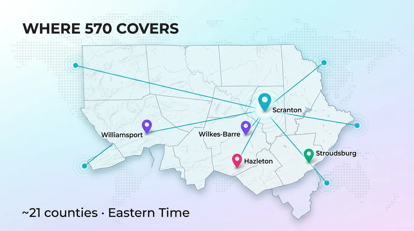 Map showing where the 570 area code covers across northeastern Pennsylvania, including Scranton, Wilkes-Barre, Williamsport, Hazleton, and Stroudsburg, spanning about 21 counties in Eastern Time