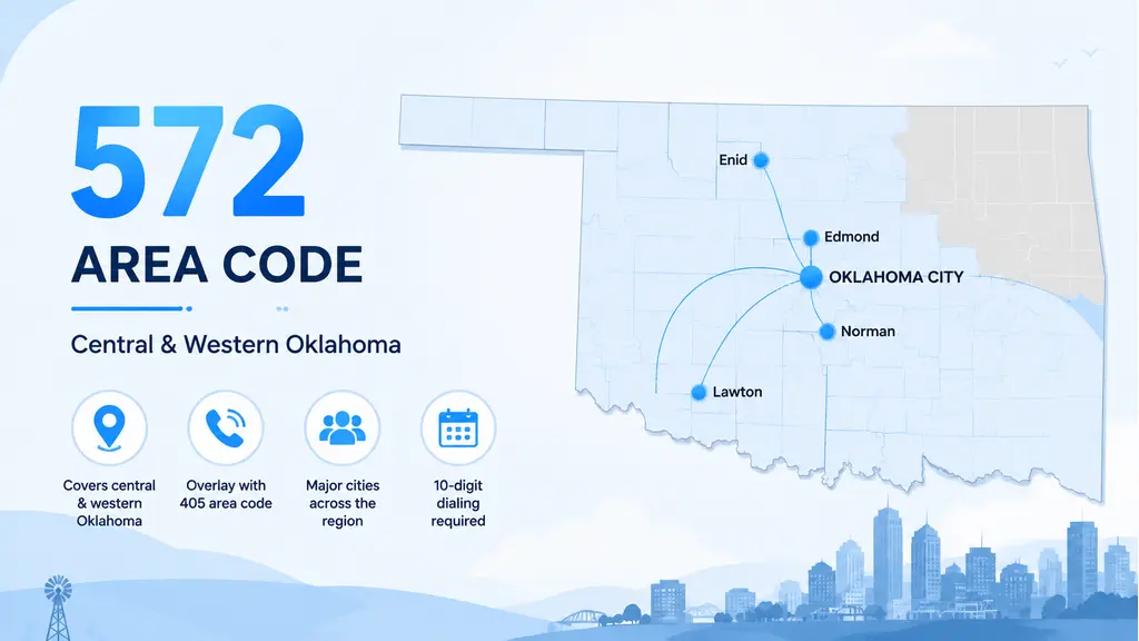 Infographic with a US map highlighting central Oklahoma, a location pin on Oklahoma City, the OKC skyline silhouette with Scissortail Park and the Oklahoma State Capitol dome, and a 572 badge in MCM cyan and violet on a pale blue-lavender background