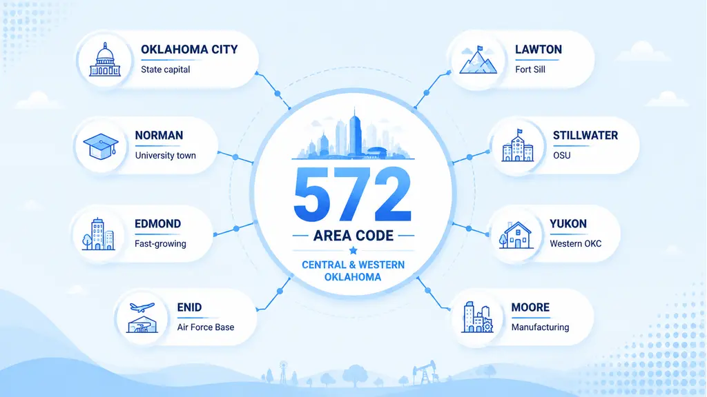 Major cities in the 572 area code — Oklahoma City, Norman, Edmond, Lawton, Enid, Stillwater, Yukon, Moore