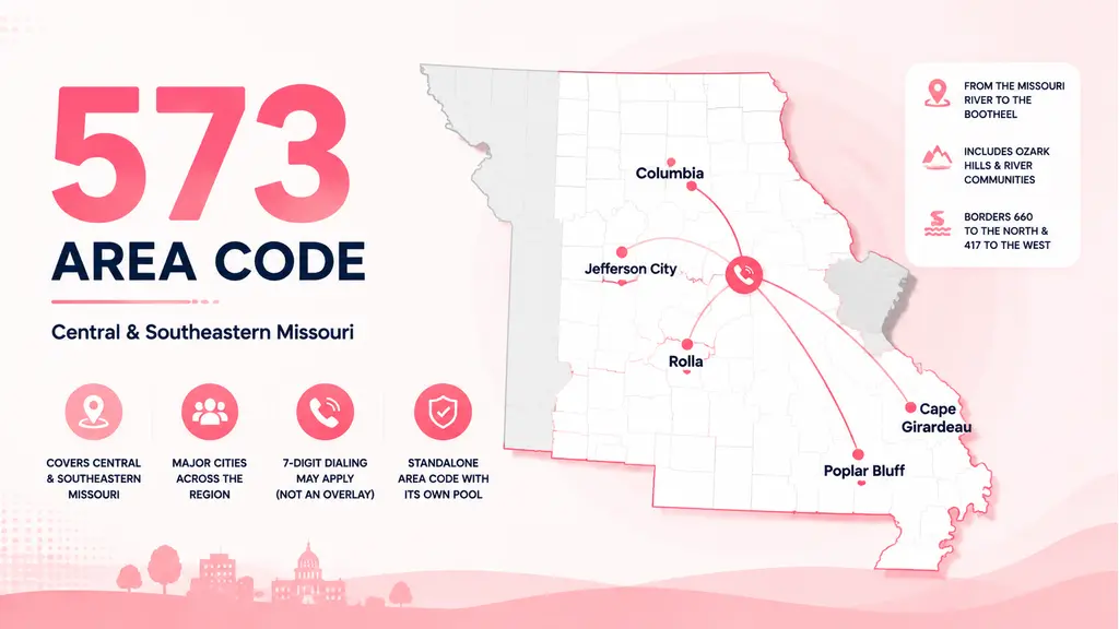 Infographic with a US map highlighting central and southeastern Missouri, location pins on Columbia and Cape Girardeau, the University of Missouri columns silhouette beside the Bill Emerson Memorial Bridge over the Mississippi River, and a 573 badge in MCM cyan and violet