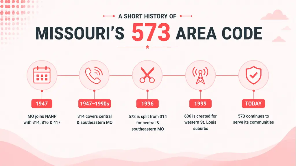 Before and after split-panel infographic — left grey panel labelled BEFORE 1996 showing Missouri map with 314 covering all of eastern Missouri from St. Louis to Cape Girardeau, right cyan-tinted panel labelled AFTER 1996 showing 573 carved out in cyan for central and southeastern Missouri, 314 now concentrated on the St. Louis metro, pins on Columbia and Cape Girardeau