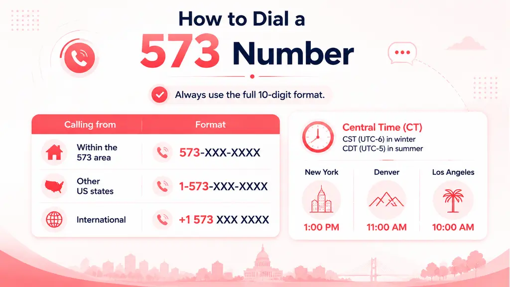 How to dial a 573 number — dialing formats for local, US, and international calls with Central Time zone info