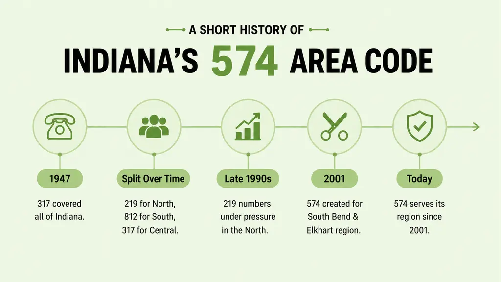 Horizontal timeline infographic tracing Indiana's area code history from 317 covering the whole state in 1947, through the splits creating 219 for northern Indiana and 812 for the south, then 574 split from 219 in 2001 for the South Bend and Elkhart region, on a pale blue background with a ghosted Indiana state outline