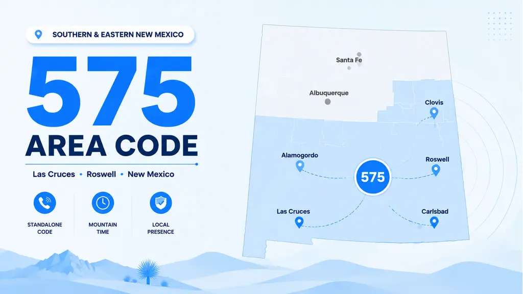 Infographic with a US map highlighting southern and eastern New Mexico, location pins on Las Cruces and Roswell, the Organ Mountains silhouette beside a White Sands dune and a Roswell alien figure outline, and a 575 badge in MCM cyan and violet on a pale blue-lavender background