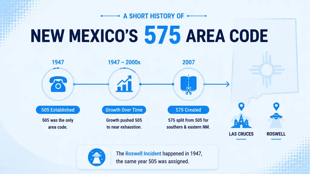 Horizontal timeline infographic tracing New Mexico area code history from 505 covering the whole state in 1947 through to 575 split from 505 in 2007 for southern and eastern New Mexico, pins on Las Cruces and Roswell, on a pale blue background with a ghosted New Mexico state outline and a Zia sun symbol suggestion