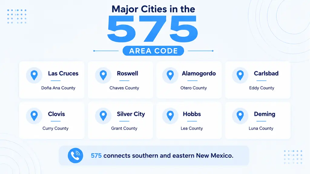 Major cities in the 575 area code — Las Cruces, Roswell, Alamogordo, Carlsbad, Clovis, Silver City, Hobbs, Deming