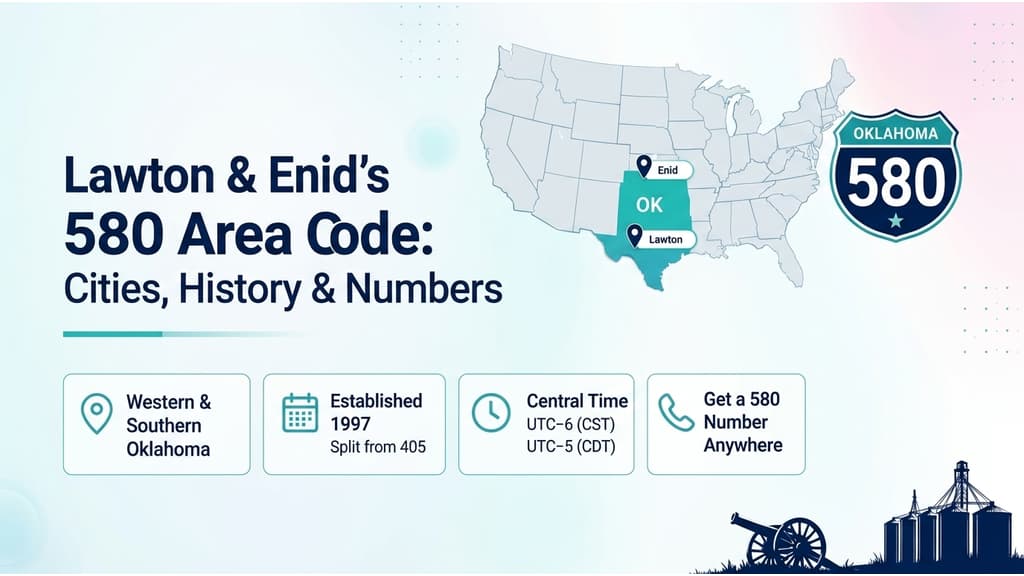 Oklahoma 580 region map with Lawton and Enid pins, Fort Sill cannon and grain elevator silhouettes, 580 badge in cyan and violet