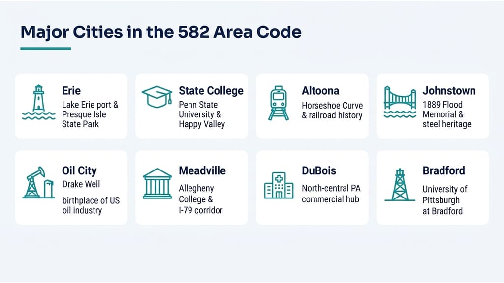 Major cities in the 582 area code — Erie, State College, Altoona, Johnstown, Oil City, Meadville, DuBois, Bradford