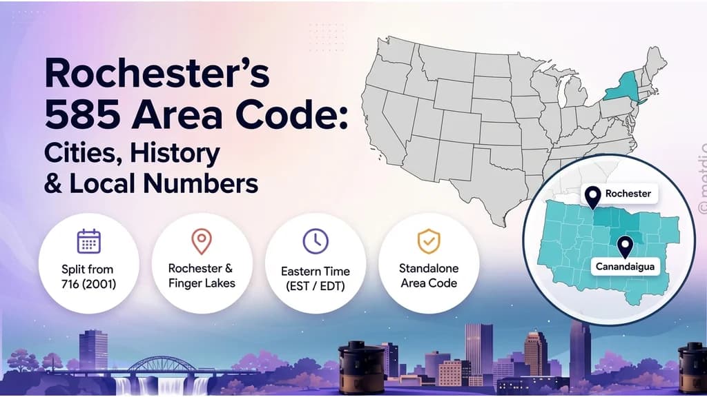 New York map with 585 counties in cyan, Rochester pin, Kodak film reel and lilac blossom silhouettes, 585 badge in cyan and violet
