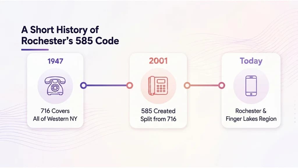 Horizontal timeline tracing western New York's area code history from 716 covering all of western NY in 1947, through decades of population and mobile phone growth, to 585 splitting from 716 in 2001 for the Rochester region with 716 retained for Buffalo, on a pale blue background with a ghosted New York state outline