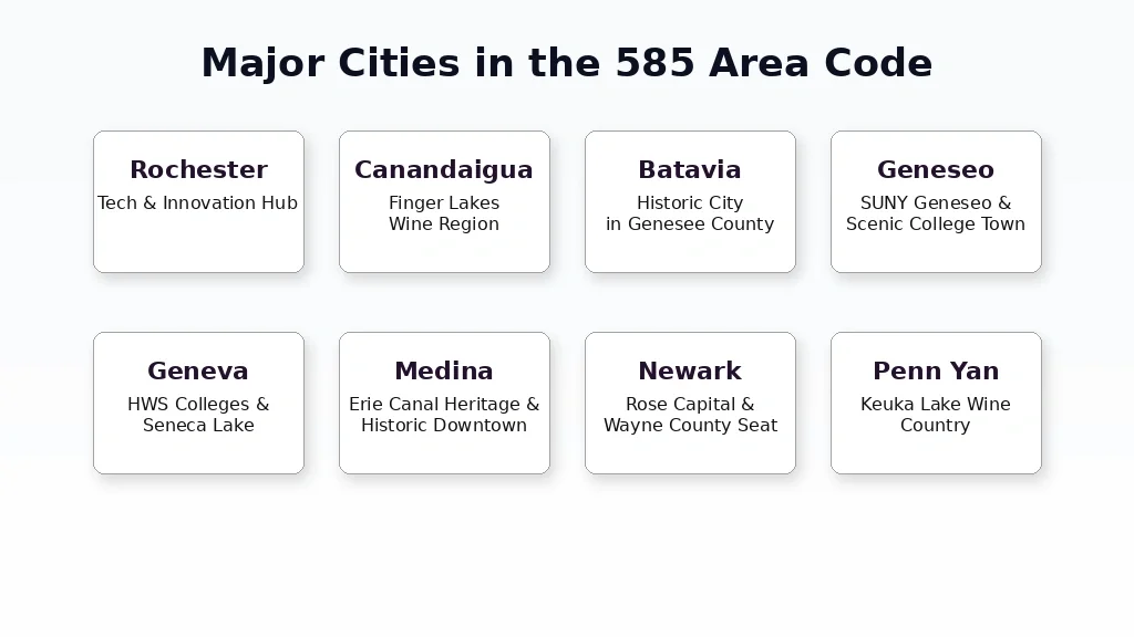 Major cities in the 585 area code — Rochester, Canandaigua, Batavia, Geneseo, Geneva, Medina, Newark, Penn Yan