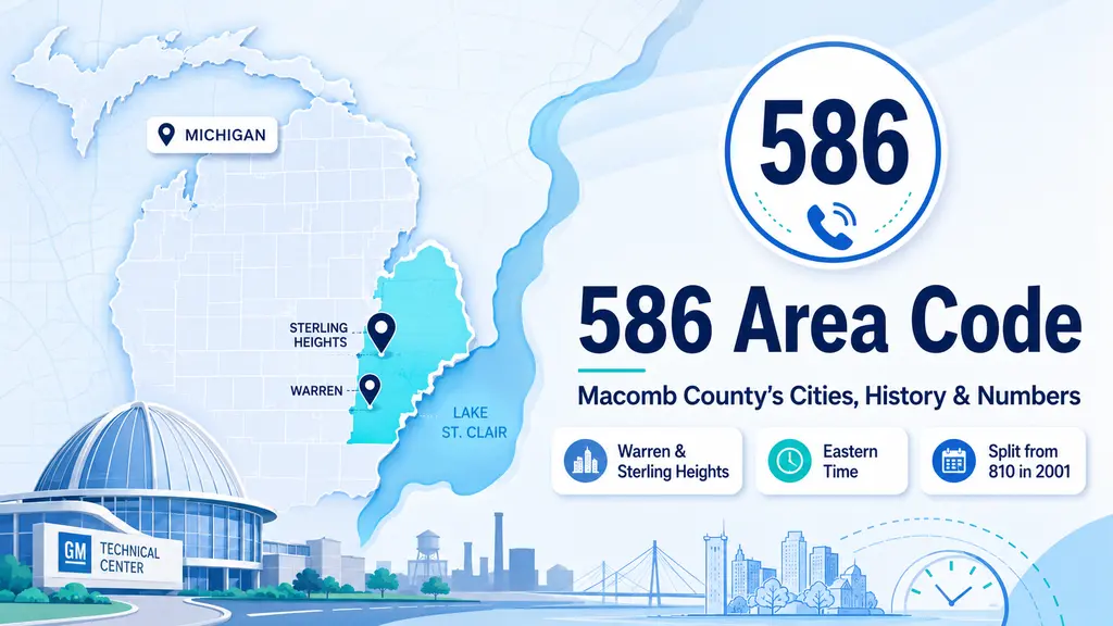 Michigan map with Macomb County in cyan, Warren and Sterling Heights pins, GM Tech Center dome and Lake St. Clair, 586 badge