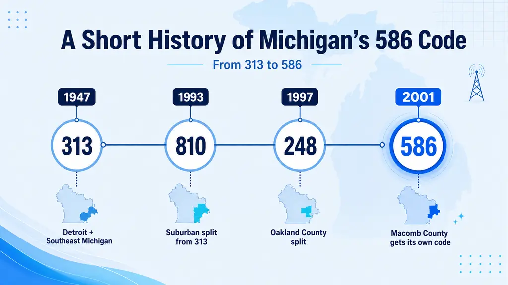 Horizontal timeline tracing southeastern Michigan's area code history from 313 covering Detroit and suburbs in 1947, through the 810 suburban split in 1993, the 248 Oakland County split in 1997, to 586 split from 810 for Macomb County in 2001, on a pale blue background with a ghosted Michigan Lower Peninsula outline