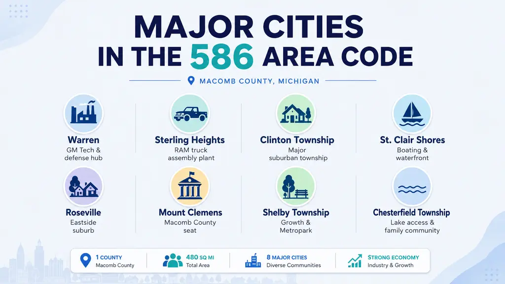 Major cities in the 586 area code — Warren, Sterling Heights, Clinton Township, St. Clair Shores, Roseville, Mount Clemens, Shelby Township, Chesterfield Township