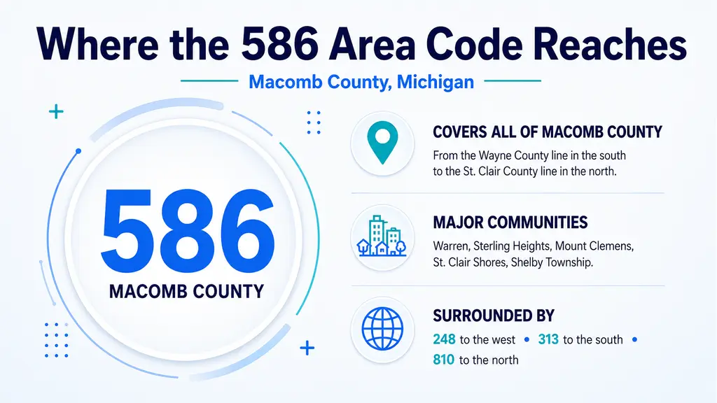 Split-panel vector map with Macomb County highlighted in cyan and black borders, city pins on Warren, Sterling Heights, Mount Clemens, St. Clair Shores, and Shelby Township, with Detroit's 313 counties in pale grey to the west and Flint's 810 in pale grey to the north, plus stacked city cards on the right