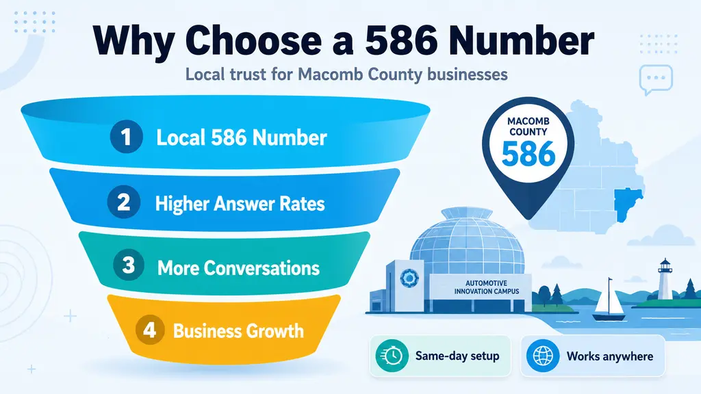 Impact funnel infographic — four cascading steps from wide cyan top to narrow amber bottom: Local 586 Number, Higher Answer Rates, More Conversations, Business Growth — with a GM Technical Center dome silhouette and Lake St. Clair waterfront suggestion on the right panel