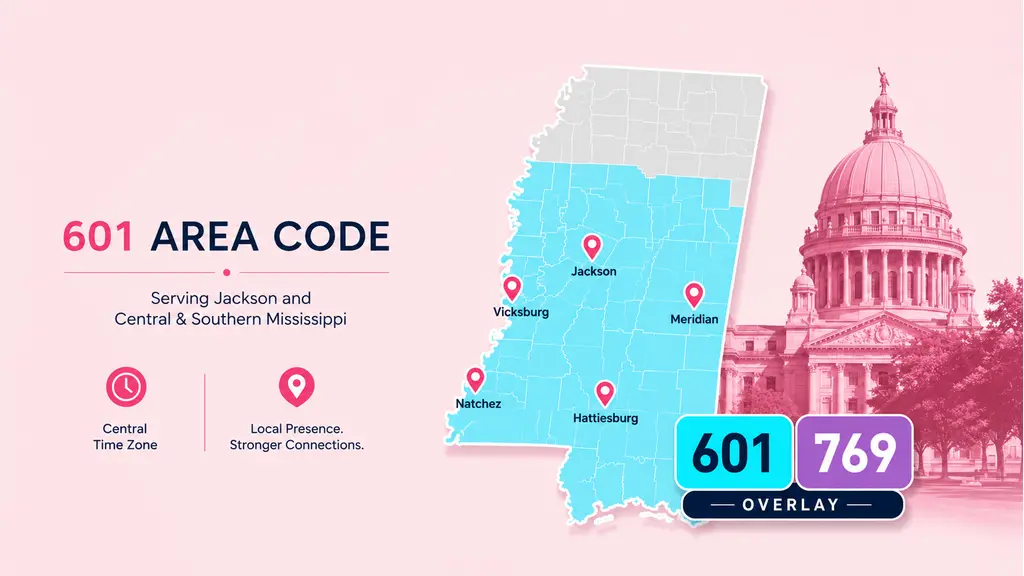 Mississippi 601/769 overlay map with Jackson pin, State Capitol dome silhouette, 601 and 769 badge in cyan and violet