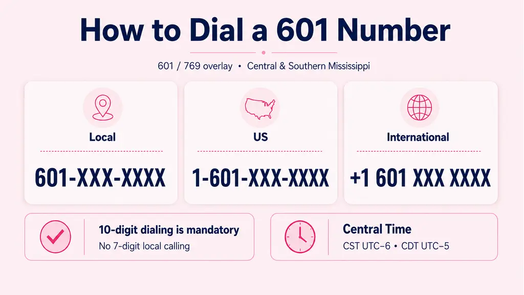 How to dial a 601 number — dialing formats for local, US, and international calls with Central Time zone info
