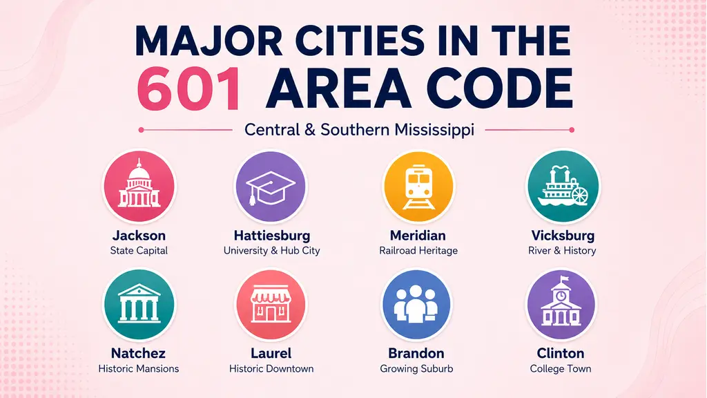 Major cities in the 601 area code — Jackson, Hattiesburg, Meridian, Vicksburg, Natchez, Laurel, Brandon, Clinton