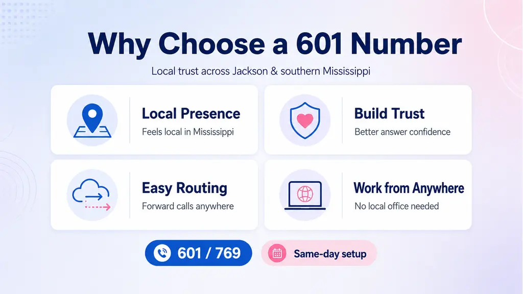 Four-card grid infographic with Local Mississippi Presence, Build Trust, Easy Call Routing, and Work from Anywhere cards, a Mississippi State Capitol dome silhouette beside a Pearl River bridge outline in the bottom navy strip, on a pale blue-lavender background