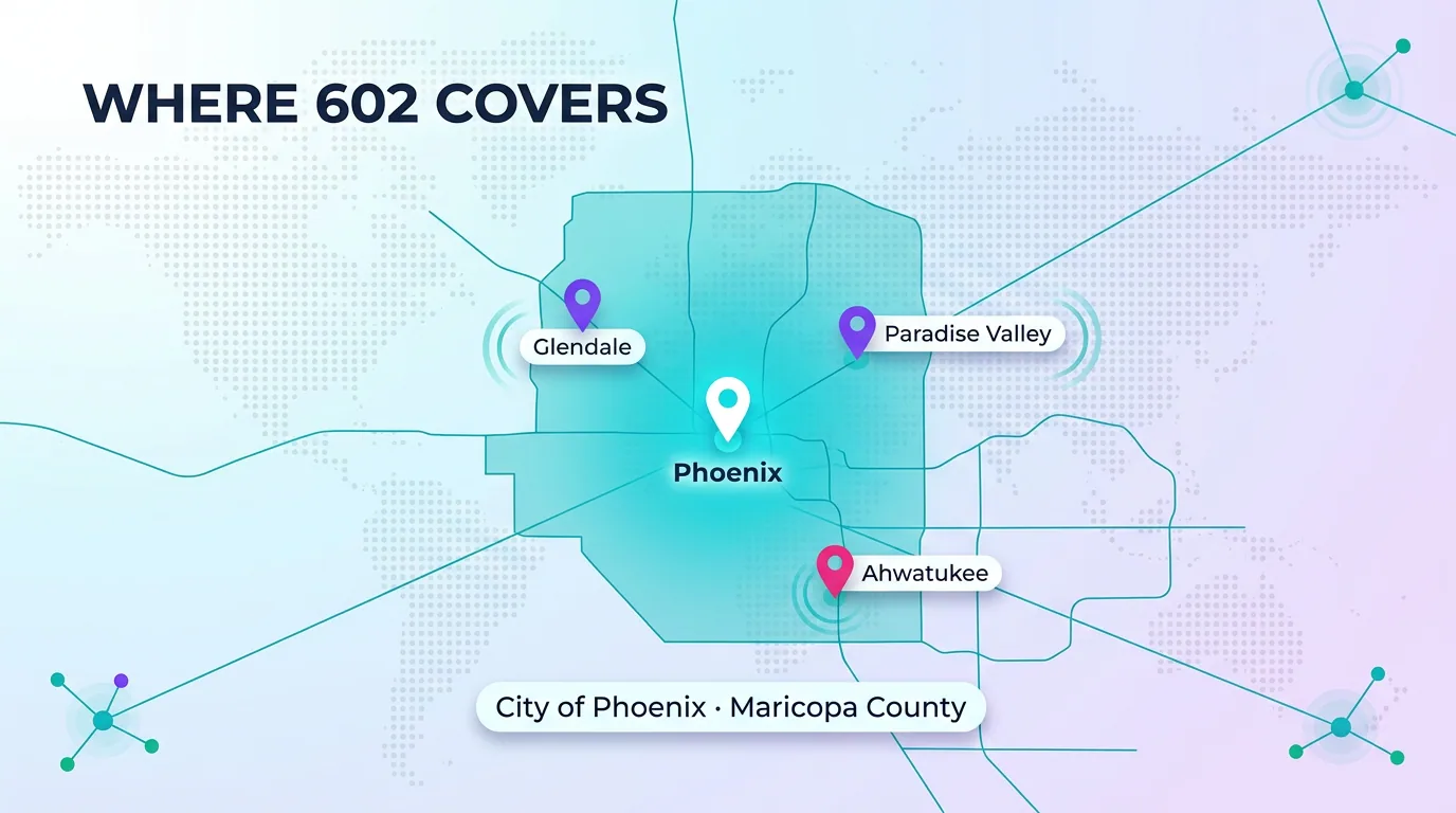 Map of where the 602 area code covers across Phoenix and Maricopa County