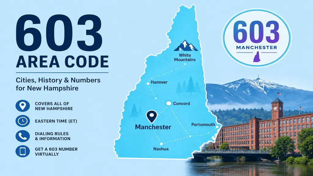 New Hampshire state map in cyan, Manchester pin, Amoskeag Mill and Mount Washington silhouettes, 603 badge in cyan and violet