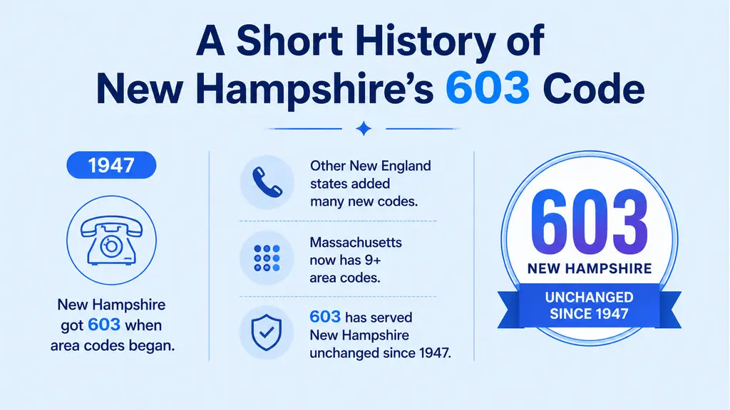 Before/after panel: left side shows New England states in 1947 with simple original area codes — 603 for all of NH, 207 for all of ME, 802 for all of VT, 617 for all of MA — right side shows New England today where MA has split into many codes while 603 remains intact covering all of NH, with a note that 603 has served New Hampshire unchanged since 1947