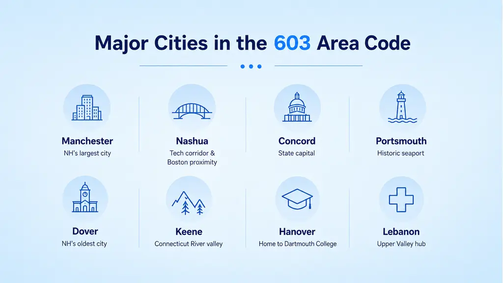 Major cities in the 603 area code — Manchester, Nashua, Concord, Portsmouth, Dover, Keene, Hanover, Lebanon