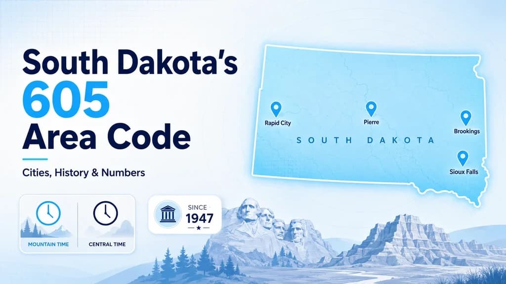 South Dakota map in cyan, Sioux Falls and Rapid City pins, Mount Rushmore and Badlands silhouettes, 605 badge in cyan and violet