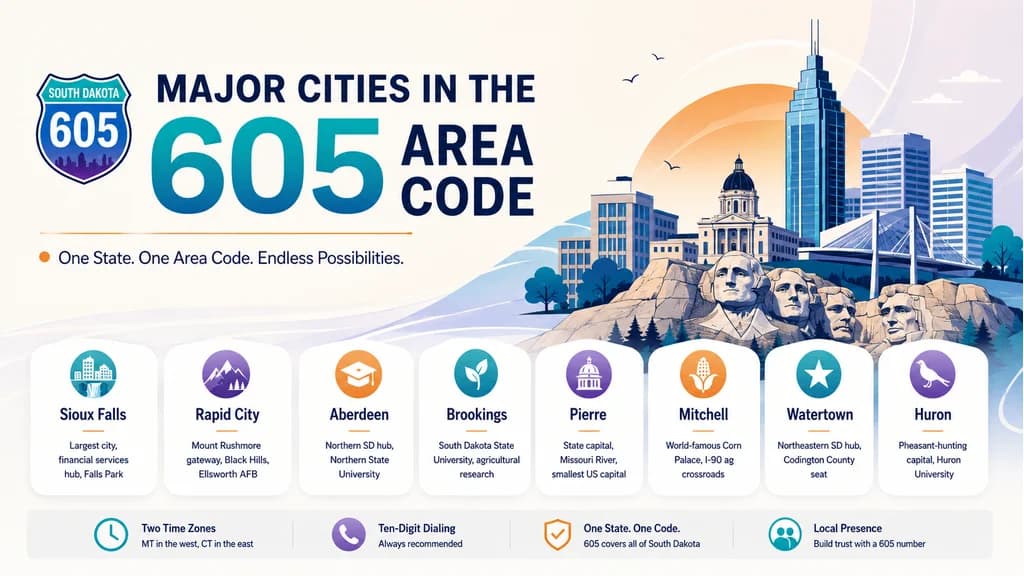 Horizontal timeline tracing South Dakota's area code history from 605 being assigned statewide in 1947, through decades of growth including the Citibank banking relocation in 1981 and Mount Rushmore tourism expansion, to today with 605 still the only code for the entire state