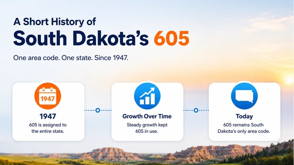 Impact funnel infographic — four cascading steps from wide cyan top to narrow amber bottom: Local 605 Number, Higher Answer Rates, More Conversations, Business Growth — with a Mount Rushmore presidential faces silhouette and Badlands rock formation outline on the right panel